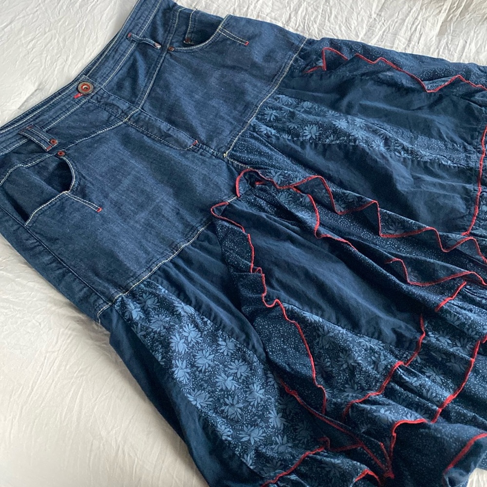 Denim Patchwork Midi Skirt - Blue